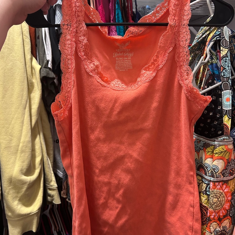 Faded Glory- Coral Lace-Trim Tank Top- Size XL